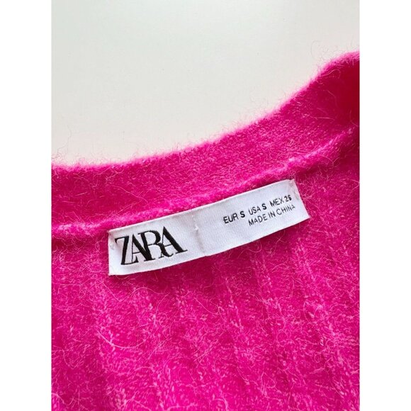 ZARA Hot Pink Wool Alpaca Ribbed Knit V-Neck Cropped Cardigan Sweater, Size S - Picture 8 of 10